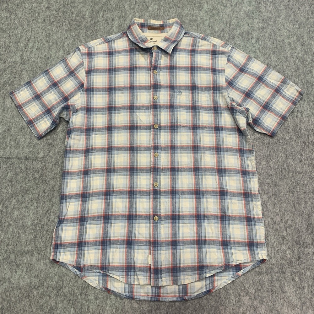 Timberland Men's Shirt Blue Red Plaid Linen Cotton Button Up Short Sleeve Size M